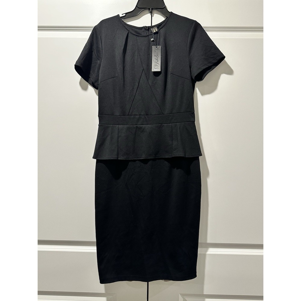 Vyshow Black Peplum Sheath Dress Short Sleeve Work Office Wear Size L NWT
